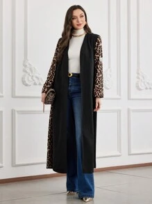 Al Najma 女士拼布豹纹印花与字母设计长袖阿巴亚长袍外套 - 黑色 - 查看 7