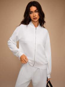 Forever 21 Women's Solid Color Drop Shoulder Long Sleeve Zip Front Baseball Collar Sweatshirt, Autumn - White - View 5