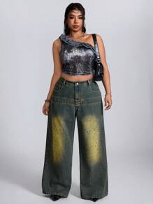SHEIN ICON 大码女式复古宽松直筒牛仔裤 - 中等水洗藍 - 查看 6