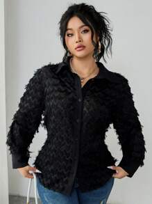 Flirla 大码女式激光切割花卉流苏长袖衬衫 - 黑色 - 查看 3