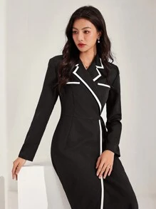 Heiryn Women Contrast Piping Lapel Collar Wrap Tie Long Dress, Spring/Autumn