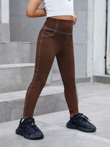 SHEIN Young Girl Solid Color Letter Pattern Fitted Casual Leggings - Brown - View 6