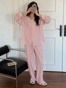 DAZY Simple Stripe Print Long Sleeve Loose 2pcs Women Spring Lounge Set Pajama - Pink - View 4