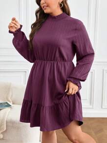 SHEIN Frenchy Plus Size Vrouwen Effen Kleur Ruffle-Trim Kraag Lange Mouw Volant Trim Casual Jurk, Herfst