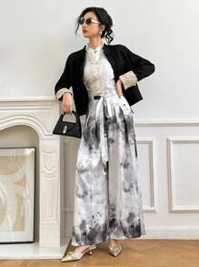 EastFlair Women's Front Tie Loose Fit Wide Leg Pants, Casual Daily Wear - Black and White - View 1