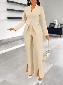 SHEIN Clasi Women Front Button Long Sleeve Minimal Top And Pants Casual Suit Set - Khaki - View 3