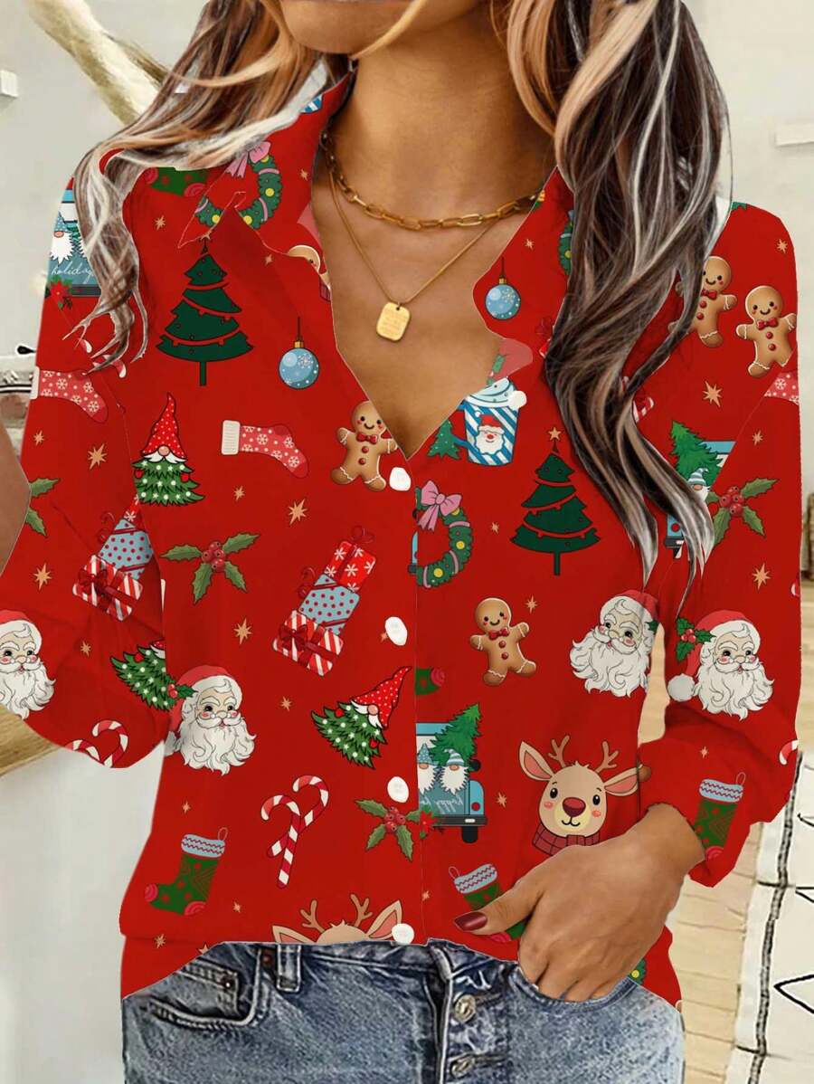 EMERY ROSE Christmas Santa Claus Gift & Reindeer Gingerbread Print Loose Blouse For Women, Autumn/Winter - Red - View 1
