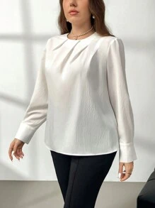 SHEIN Privé Camisa casual de manga larga con cuello de volantes, corte entallado, para uso de oficina, tallas grandes para mujer