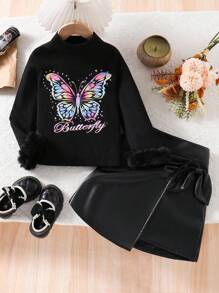 SHEIN 2 件年轻女孩通勤休闲时尚蝴蝶印花上衣 + 皮裙套装，秋冬新款长袖 T 恤，蓬松袖口，个性蝴蝶结系带皮裙，韩版，温暖，时尚，适合各种场合 - 黑色 - 查看 1