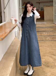 DAZY 女士牛仔背带连衣裙，无袖，秋季服装长款连衣裙 - 中等水洗藍 - 查看 6
