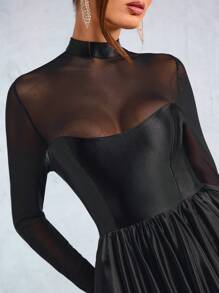 SHEIN SXY 新年优雅性感夜店必备情人节ICON黑色缎面撞色网眼高弹长袖泡泡下摆迷你连衣裙 - 黑色 - 查看 8