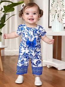 SHEIN Baby Girl Spring/Autumn Casual Vintage Elegant Floral Digital Print Fabric Backless Jumpsuit With Bow Decor For Outdoor & Travel