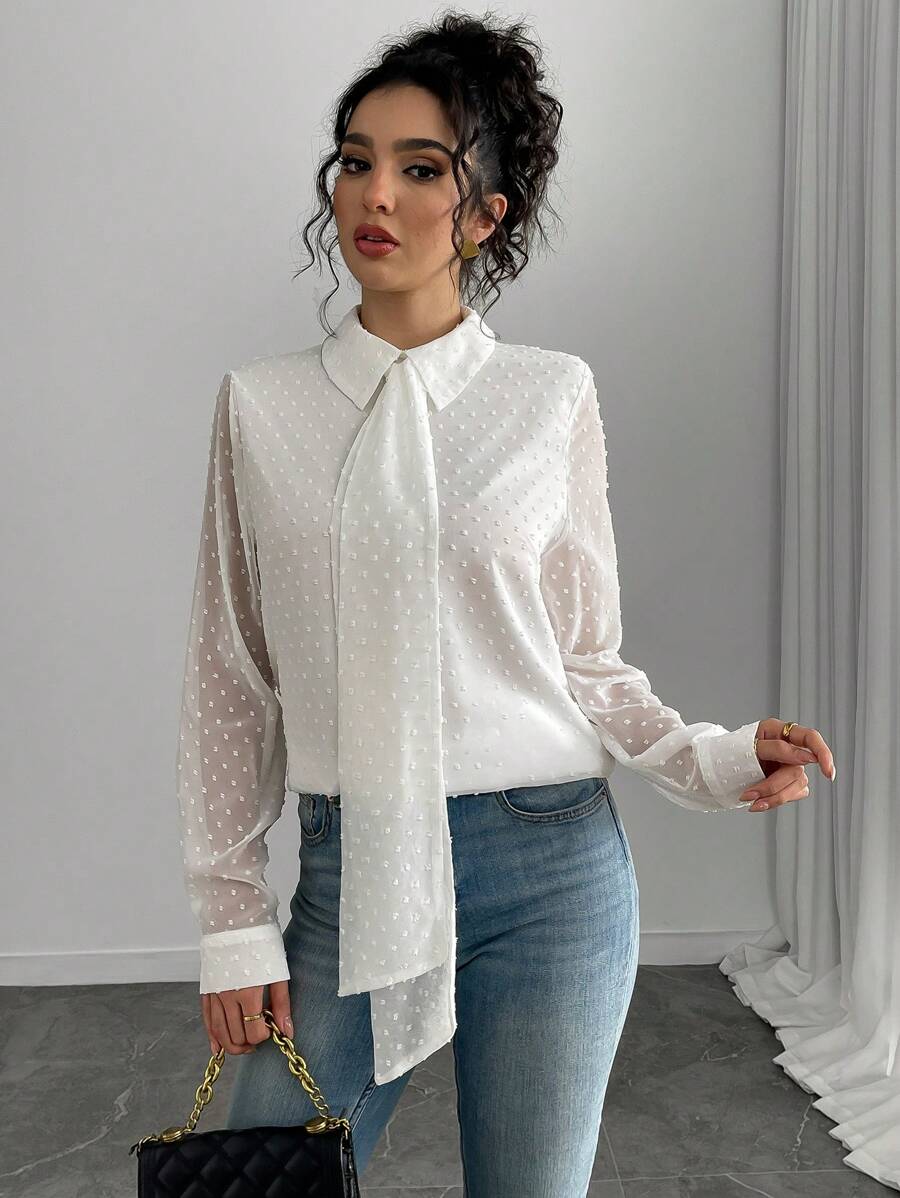 Chiquease Women's Elegant Solid Color Textured Tie Neck Blouse, Autumn Women Shirt Fall Cloth For Women