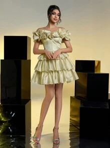 SHEIN Belle Elegant Sexy Romantic Golden Shiny Organza Off Shoulder Three-Dimensional Pleats Cake Dress For Date, Birthday Party, Wedding Event, Bachelor Party, Prom Dress, Wedding Guest Dress