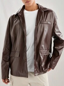 Manfinity VCAY Men's Fashionable Casual PU Leather Slim Fit Long Sleeve Button-Down Shacket, For Fall Winter - Brown - View 4