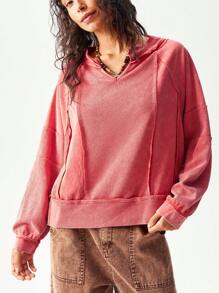 Bohemela Camiseta holgada de mujer de punto con cuello en V de unicolor y parches