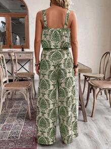 EMERY ROSE 2pcs/Set Women's Vacation Outfit: Crop Top With Spaghetti Strap + Palazzo Pants, Print - Green - View 2