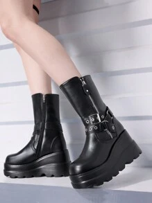 Sugerpunk Women's Fashionable Platform Biker Ankle Boots With English Style, Thick Sole New Year Holiday