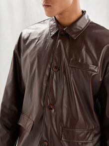 Manfinity VCAY Men's Fashionable Casual PU Leather Slim Fit Long Sleeve Button-Down Shacket, For Fall Winter - Brown - View 6