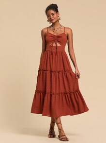 Travachic Women's Ruched Drawstring Hollow Out Multi-Layer Hem Cami Dress
