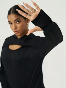 SHEIN Sports 女士黑色镂空极简休闲卫衣长袖上衣 - 黑色 - 查看 5