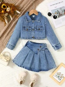 SHEIN Vintaside Kids 2pcs Young Girl Casual Collegiate Everyday Versatile Dark Blue Washed Denim Long Sleeve Top And Blue Washed Denim Pleated Skirt Set, All-Match Outfit, 2024 Autumn/Winter New Arrival - Blue - View 4