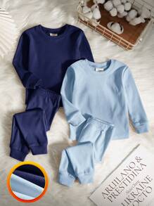 SHEIN Babyjongen 2 stuks nauwsluitende, eenvoudige top met lange mouwen en broek, zachte elastische comfortabele nachtkledingset