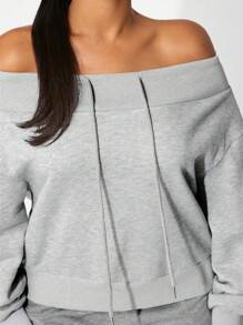 SHEIN SXY 灰色露肩运动衫，保暖内衬，适合秋冬季 - 灰色 - 查看 4