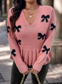 SHEIN Clasi 大码女式粉色 V 领黑色蝴蝶结图案 A 字腰套头衫优雅浪漫毛衣，适合冬季 - 彩色 - 查看 3
