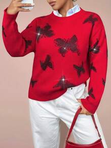 Calvaya Áo len cổ tròn dáng rộng, chất liệu cao cấp, đính đá và sequin hình bướm, thích hợp mặc hàng ngày vào mùa thu/đông. - Đỏ - Xem 6