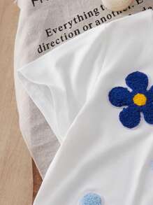 SHEIN Vintaside Kids Áo thun họa tiết hoa cho bé gái tuổi teen, màu trơn tối giản giản dị, mặc hàng ngày - trắng - Xem 3