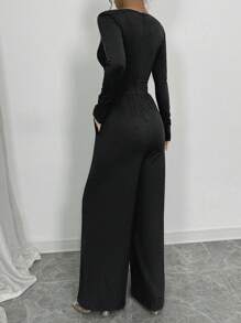 Elenzga Mono negro de moda para mujer, con mangas largas, tela texturizada, acentos plisados, pantalones de pierna ancha, otoño