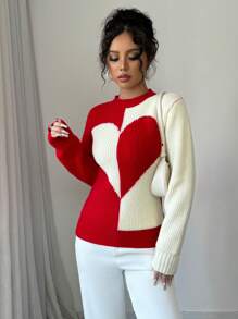 Selianne Women's Valentine's Day Colorblock Heart Pattern Sweater Knit Pullover Fall Winter - Red - View 6