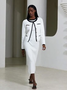 Aveloria Modichic 2 pièces : Cardigan tricoté à col rond avec bande bicolore noire et blanche au design H, et robe pull minimaliste pour femmes. Style élégant inspiré du français