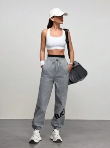 SHEIN Sports Damen Lässig Jogginghose mit Buchstaben Muster und Kordelzug Taille für Outdoor Aktivität
