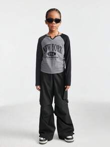 SHEIN Tween Girls Outono/Inverno Uso Diário Básico Volta às Aulas Preppy Cruz Elástico Decote Recortado Top Preto e Cinza com Mangas