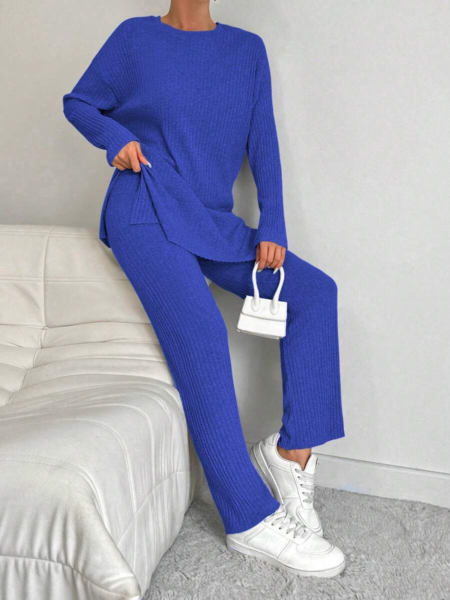 Cottnline 100%Cotton Women's Solid Color Striped Round Neck Top And Pants Two Piece Set - Royal Blue - View 1