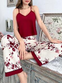 CottageSlumber Conjunto de pijama con camiseta de tirantes de cuello en V de unicolor y pantalones de estar por casa estampados