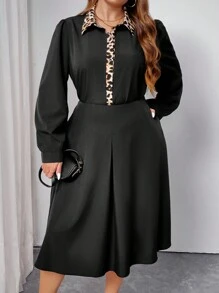 INAWLY Women Plus Size Elegant Leopard Patchwork Long Sleeve Shirt With Skirt 2 Pieces Set
