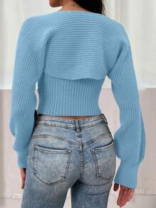 SHEIN Unity 2 件套女士纯色长袖夹克和上衣休闲套装 - 藍色 - 查看 2