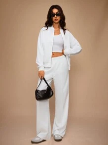 Forever 21 Women's Solid Color Drop Shoulder Long Sleeve Zip Front Baseball Collar Sweatshirt, Autumn - White - View 8