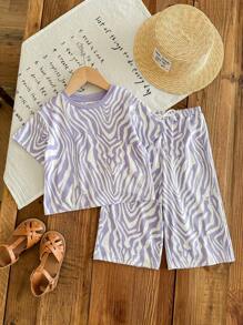 SHEIN LMoss Kids LMoss 女婴夏季可爱针织紫色斑马条纹短袖 T 恤和松紧腰裤两件套服装