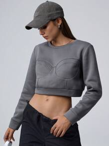 Hanevo Women Casual Cropped Sweatshirt With Seam Design Sportwear For Daily Wear Pullover Fall - Grey - View 1