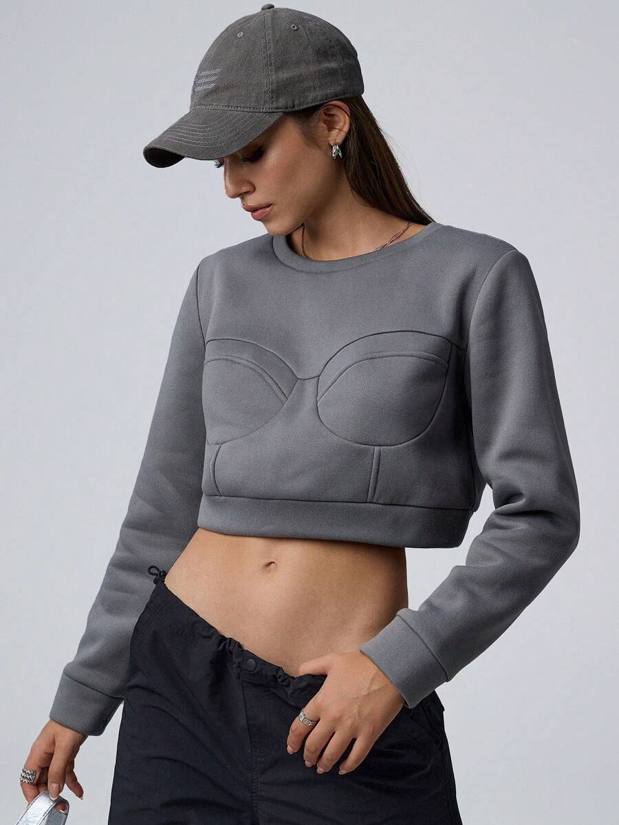 Hanevo Women Casual Cropped Sweatshirt With Seam Design Sportwear For Daily Wear Pullover Fall - Grey - View 1