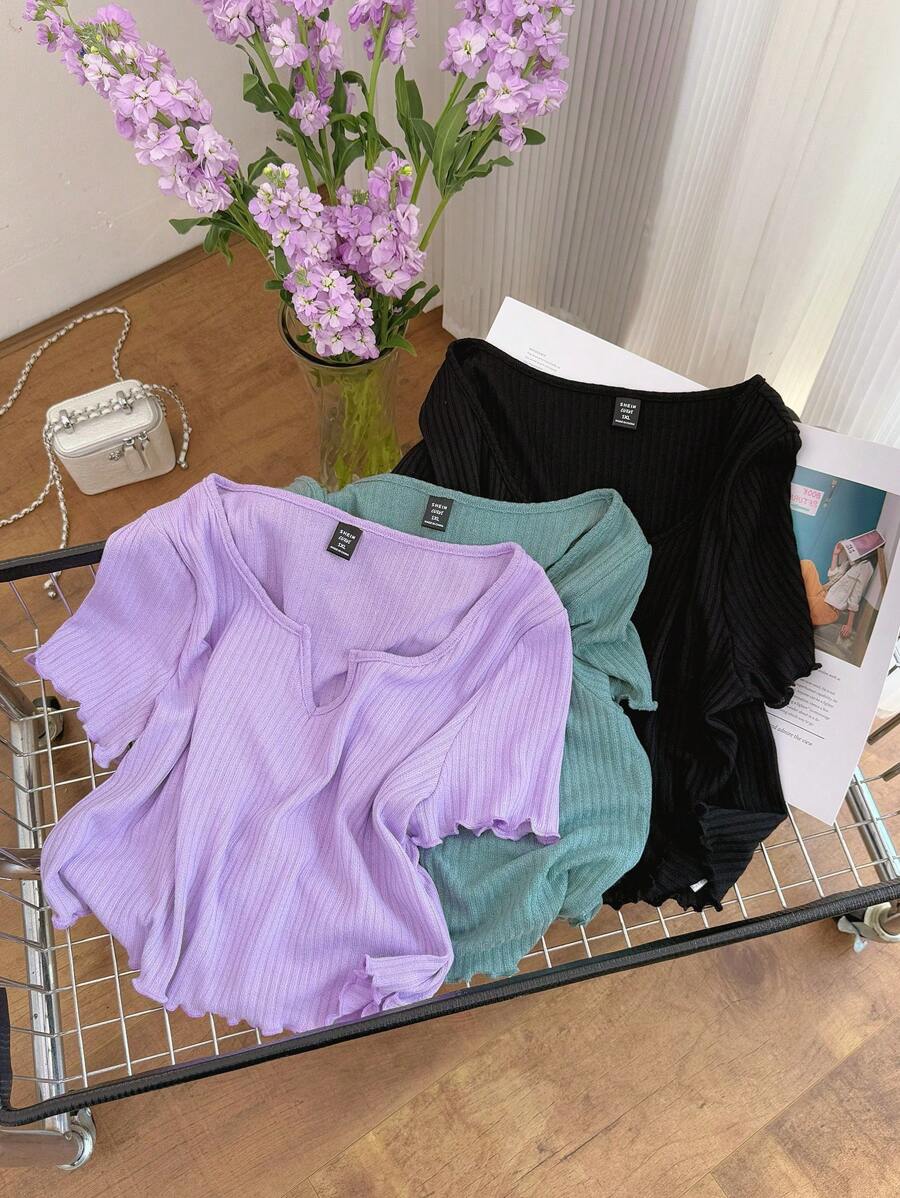 SHEIN EZwear 大尺碼純色肋編t卹 - 彩色 - 查看 1