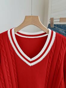 SHEIN Teengirl Oatmeal V-Neck Oversized Colorblock Casual Long Sleeve Sweater, Suitable For Back To School, Street, Work - Multicolor - View 5