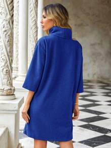 EURMUSE Ladies' Solid Color High Neck Drop Shoulder Sweater Dress - Blue - View 2