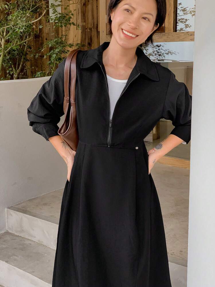 Women's Solid Color Zip-Up Half Placket Long Sleeve Dress, Spring/Fall