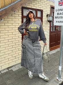 SHEIN ICON 大码水洗灰色牛仔裙，带多个口袋和后开衩下摆 - 淺灰色 - 查看 4