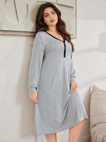 Lazeform Plus Size Women Ribbed Color Blocking Pocket Casual Nightgown Sleepwear